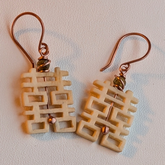 Carved Bone Kanji Earrings Pure Copper Wire Rare Green Apatite Gems - Picture 11 of 11